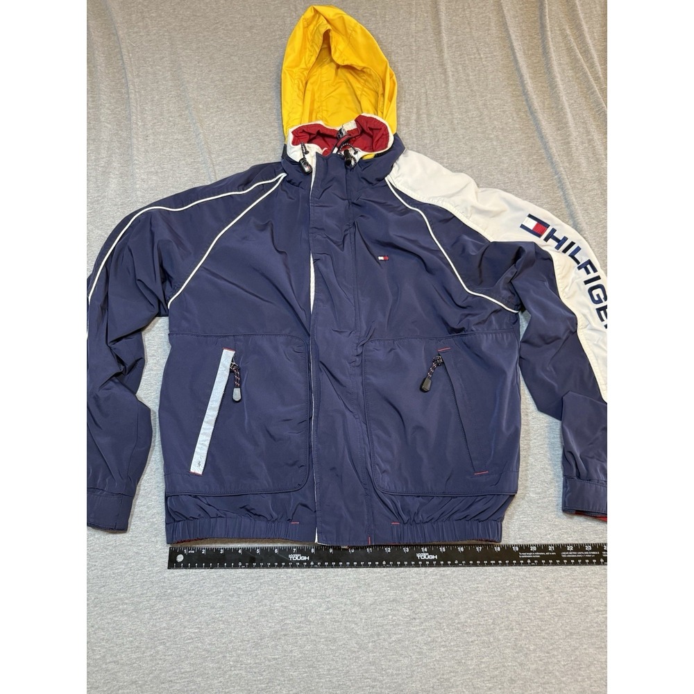 Vintage Tommy Hilfiger Men's Med Jacket 90's Spellout Street wear Hideaway Hood